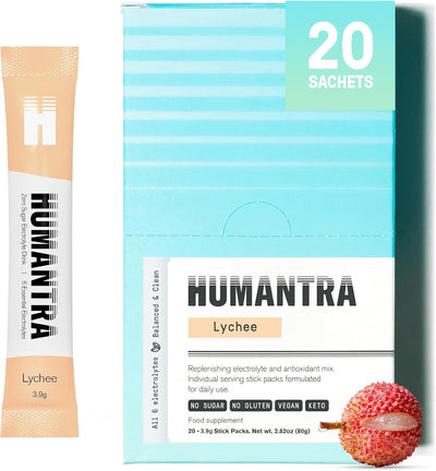Humantra Electrolyte Powder - Lychee Flavour, No Sugar, 20 Sachets