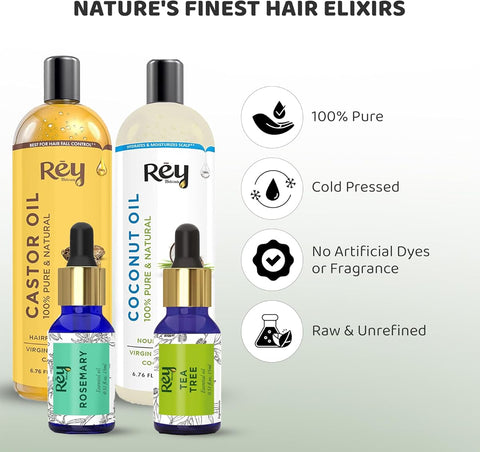 Rey Naturals Hair Oils Combo - Castor, Coconut, Tea Tree, Rosemary - 200ml/15ml - Image 3