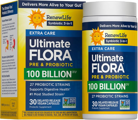 RenewLife 100 Billion Flora Probiotic Capsules - Gut Health Support - 30 Count