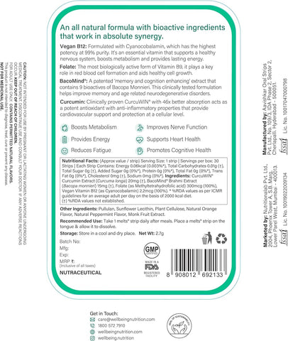 Wellbeing Nutrition Vegan Vitamin B12 Oral Thin Strips - Methylcobalamin & CurcuWIN, 30 Strips - Image 7