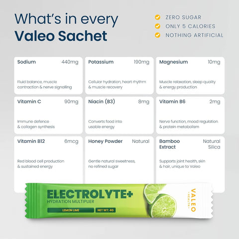 Valeo Hydration Electrolyte+ Drink Mix - Lemon & Lime, 20 Stick Packs, Sugar-Free - Image 3