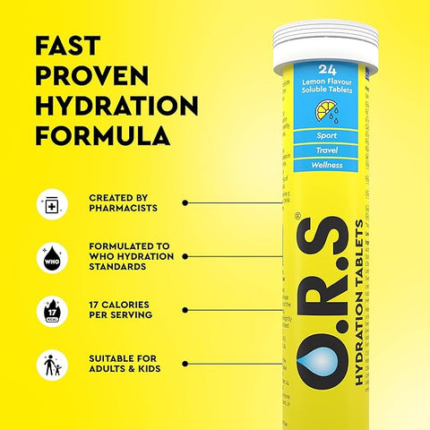 O.R.S Hydration Tablets with Electrolytes Natural Lemon Flavour 96 Tablets (Pack of 4 x 24)