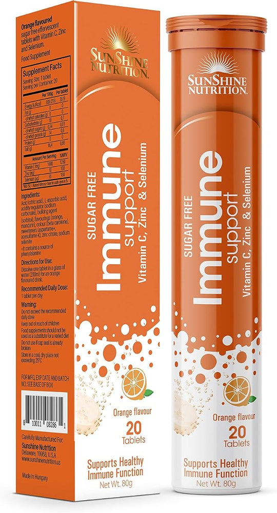 Sunshine Nutrition Immune Support Effervescent Tablets - Vitamin C, Zinc, Selenium, 20 Count