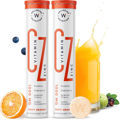 Wellbeing Nutrition Vitamin C + Zinc Effervescent Tablets - Natural Immunity Booster, 1000mg, Pack of 2