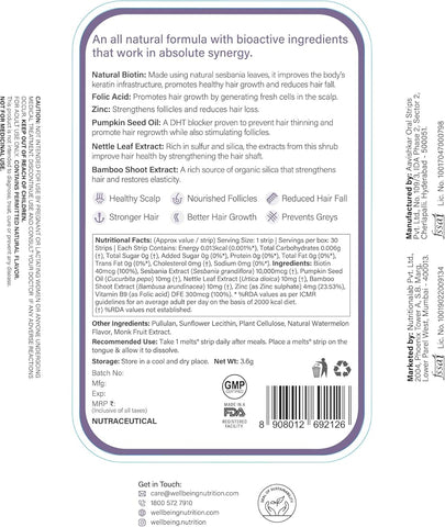 Wellbeing Nutrition Healthy Hair Vitamin - Plant Based Biotin, 30 Oral Strips - Image 6