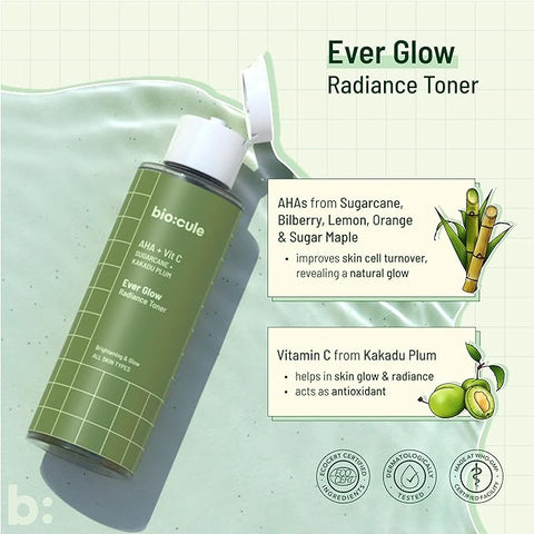 biocule Ever Glow Radiance Vitamin C Face Toner, Glycolic Acid (AHA) & Vitamin C from Sugarcane & Kakadu Plum, Brightening & Glow, Alcohol Free Toner for All Skin Types