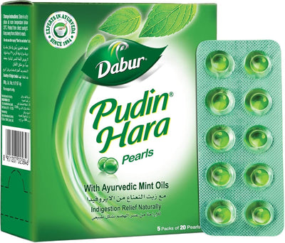 Dabur Pudin Hara Pearls - Ayurvedic Peppermint & Mint Oils - Pack of 5 (100 Capsules)