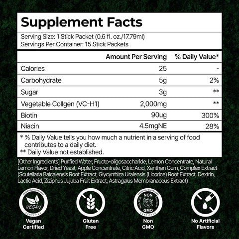 PLANT Vegan Liquid Collagen + Biotin - Lemon Flavour, 15 Sachets - Image 6