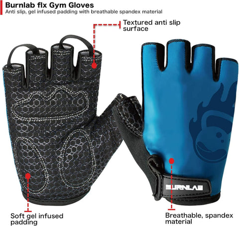 Burnlab Gym Gloves Pro - Spandex, Gel Padded, Medium, Blue & Black - Image 3