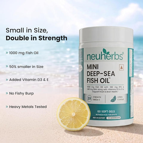 Neuherbs Mini Deep Sea Fish Oil Omega 3 with Lemon Flavour - 1000mg, 60 Softgels - Image 4