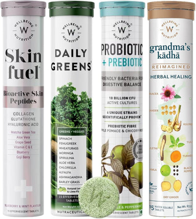 Wellbeing Nutrition Holistic Wellbeing Kit - Daily Greens, Pro & Prebiotic, Skin Fuel & Grandma's Kadha - 66 Effervescent Tablets