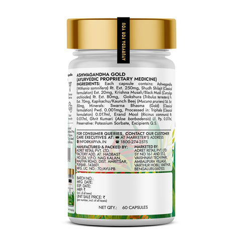 Kapiva Ashwagandha Gold Capsules Ashwagandha With Gold, Shilajit (60 Capsules)