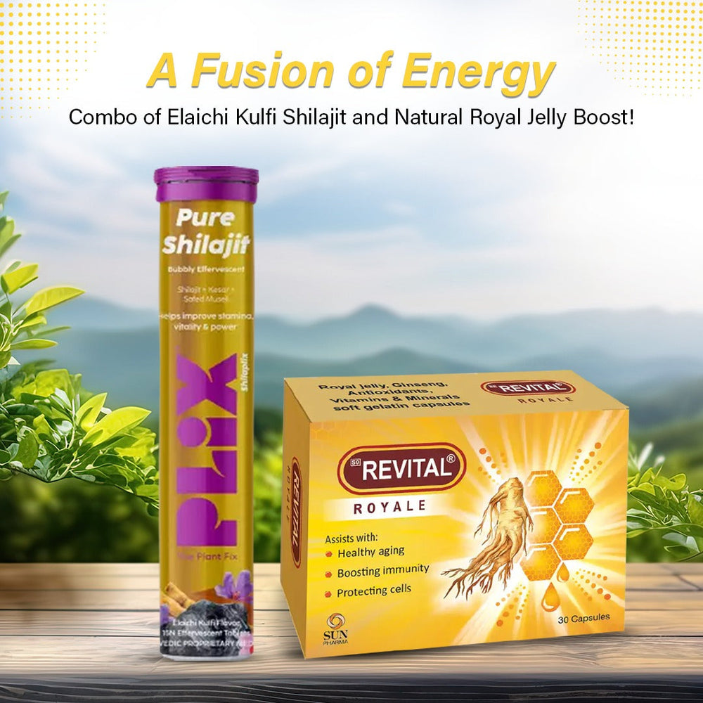 PLIX Pure Shilajit Elaichi Kulfi Flavour 15 Effervescent Tablets and Revital Royale Jelly 30 Capsules
