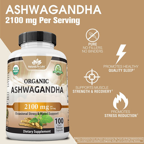 NaturaLife Lab Organic Ashwagandha 2,100 mg لكل حصة 100 كبسولة نباتية