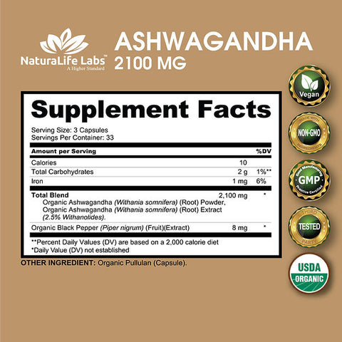 NaturaLife Lab Organic Ashwagandha 2,100 mg لكل حصة 100 كبسولة نباتية