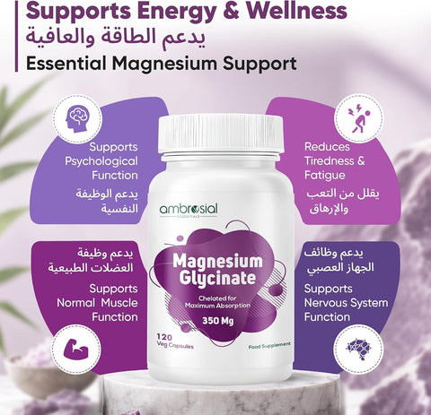 Ambrosial Magnesium Glycinate - 350mg High Absorption Vegan Capsules, 120 Count