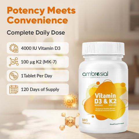 Ambrosial Vitamin D3 & K2 Tablets - 4000IU D3, 100µg K2 MK-7 - 120 Pack
