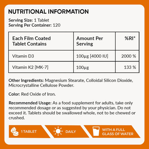Ambrosial Vitamin D3 & K2 Tablets - 4000IU D3, 100µg K2 MK-7 - 120 Pack