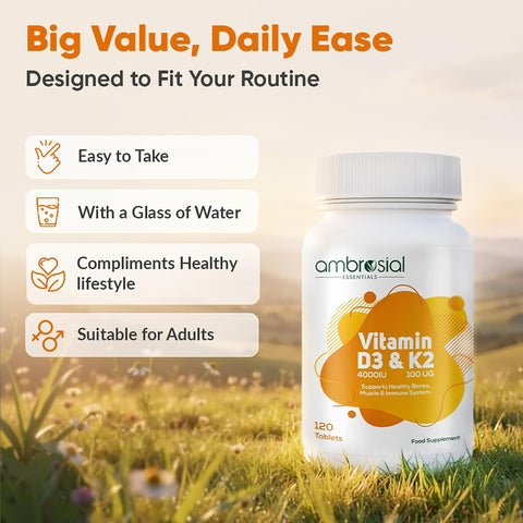Ambrosial Vitamin D3 & K2 Tablets - 4000IU D3, 100µg K2 MK-7 - 120 Pack