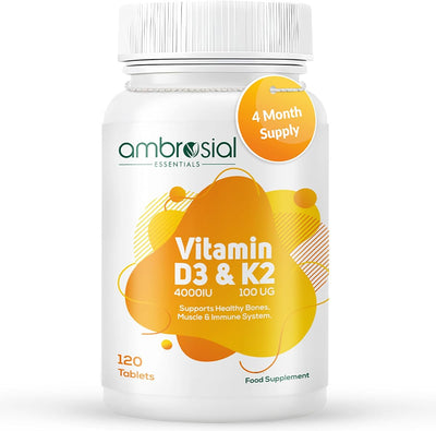 Ambrosial Vitamin D3 & K2 Tablets - 4000IU D3, 100µg K2 MK-7 - 120 Pack