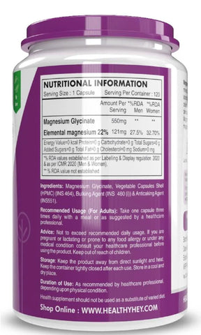 HealthyHey High Absorption Magnesium Glycinate, 550mg - 120 Vegetable Capsules
