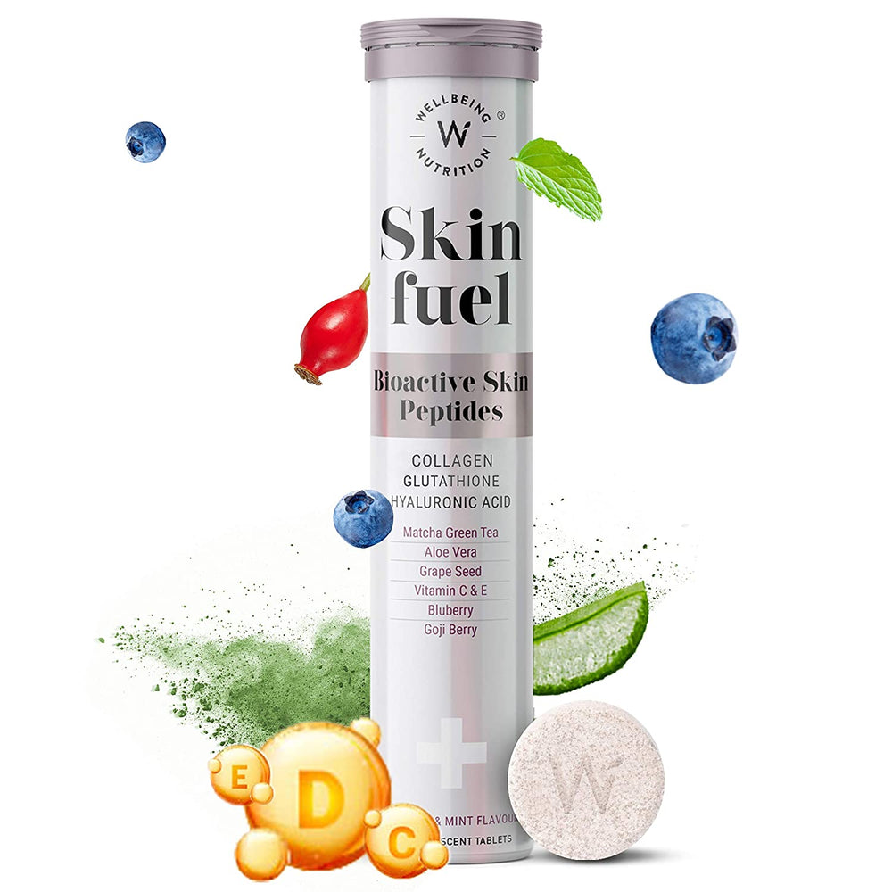 Wellbeing Nutrition Skin Fuel | Collagen Builder L-Glutathione Hyaluronic Acid Matcha Green Tea Aloe Vera Grape Seed Vit E | Skin Radiance Elasticity Glow for Men & Women -60 Effervescent Tabs