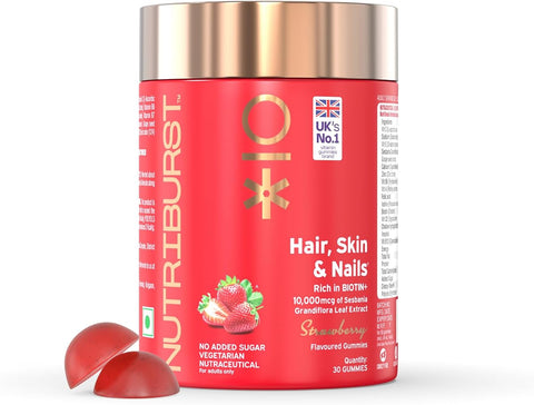 Nutriburst Biotin Gummies - Strawberry Flavour, No Added Sugar, 30 Pack
