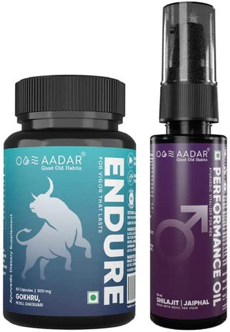 AADAR Ayurvedic Combo Pack Performance Oil & Endure Capsule | Improves Strength, Boost Energy & Avoid Early Coming, Control your Power | Shatavari, Gokhru, Ashwagandha (60 Capsules + 30 ml)